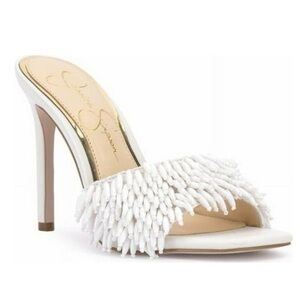 Jessica Simpson Olya Beaded Fringe Heels | White Slide Sandals | Size 9.5